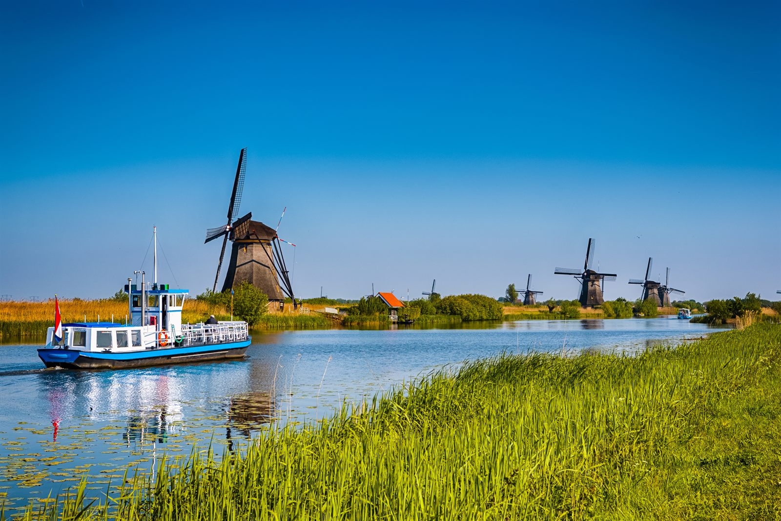 Windmills of Kinderdijk beside a canal in the Netherlands on a sunny day